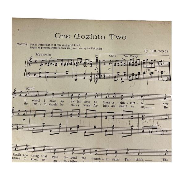 1918 Antique 1 Gozinto 2 Sheet Music Phil Ponce Sung by Frances White - Picture 3 of 5